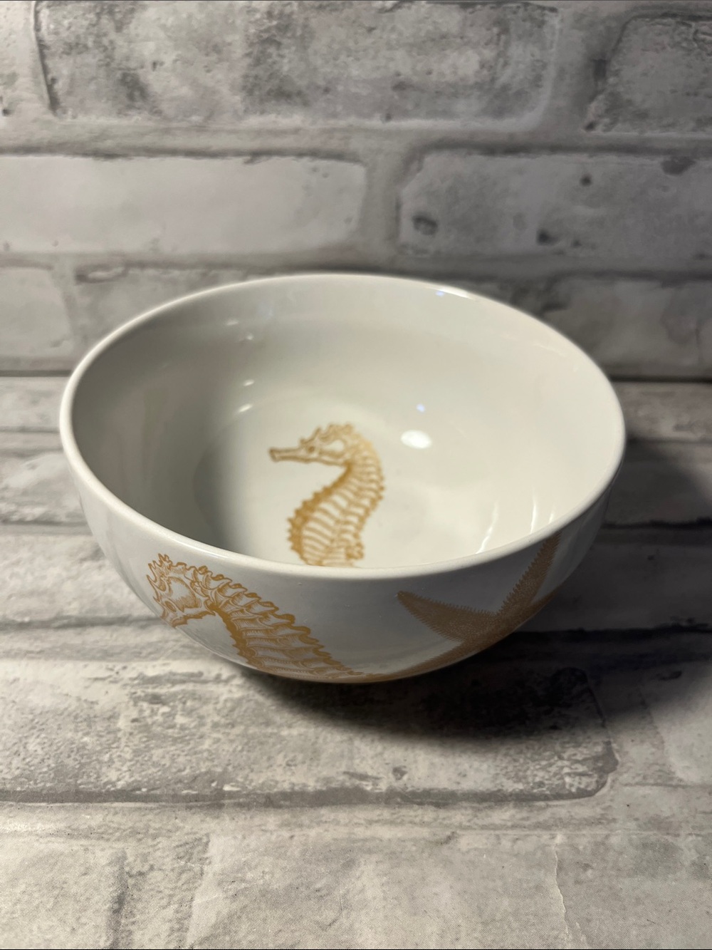 White Porcelain Bowl with Gold Seahorse Accent coastal life gold fine China 5.5